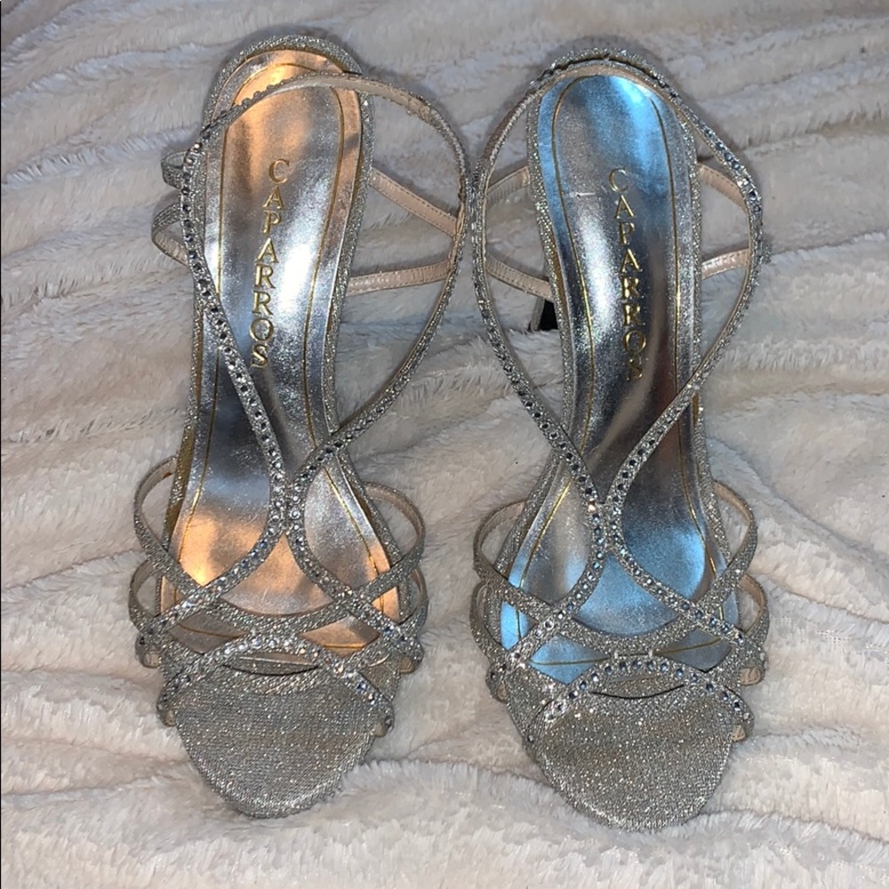 Silver open toe Heels